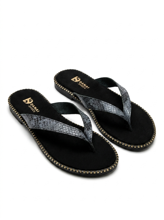 Δερμάτινα σανδάλια snake print με διχάλα και Soft πάτο
